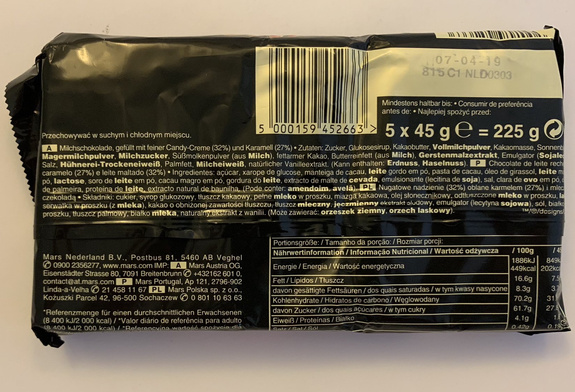 Display: Snickers (5x50g)=250g x11pcs & Twix 5x(2x25g) =250g x6pcs & Mars (5x45g) = 225gx6pcs & Milky Way (9x21,5g)=193,5gx11pcs