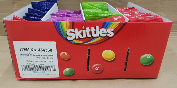 Skittles 80 bags X 38 g Wild Berry x 20 bags , Crazy Sours  x 20 bags , Dark side  x 20 bags , Fruits  x 20 bags 