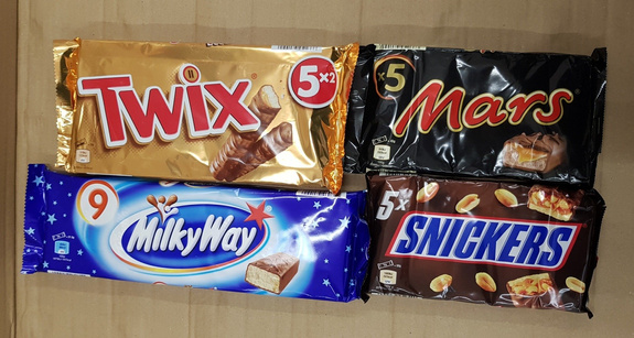 Display: Snickers (5x50g)=250g x11pcs & Twix 5x(2x25g) =250g x6pcs & Mars (5x45g) = 225gx6pcs & Milky Way (9x21,5g)=193,5gx11pcs